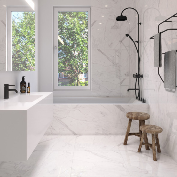 gepolijste vloertegels, vloertegels, marmerlook, wit, licht grijs, impermo, landelijk & strak